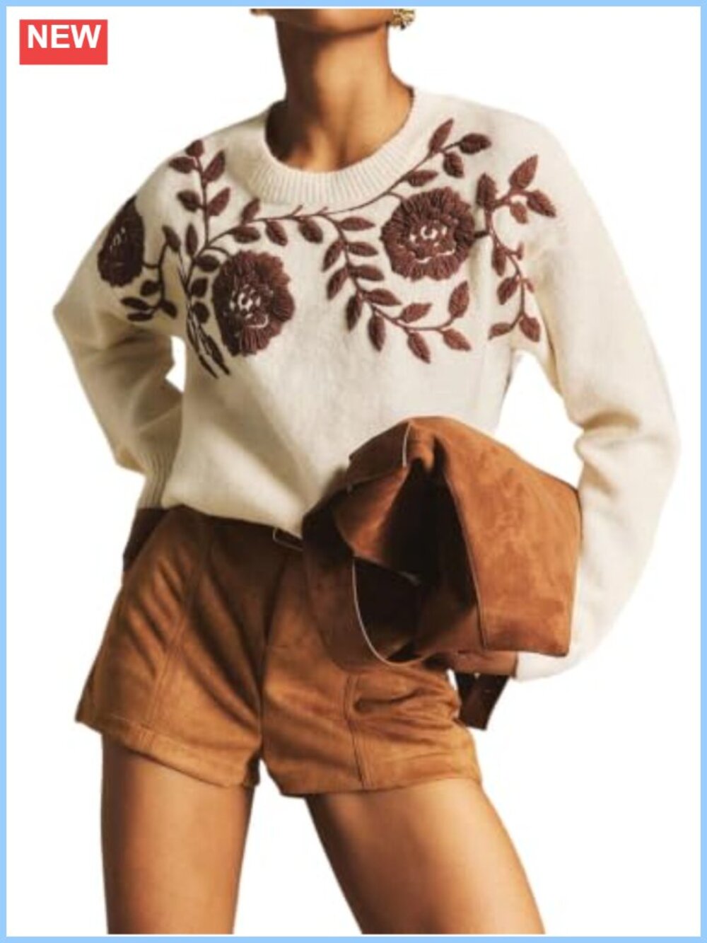 Floral Embroidery Rib Knit Pullover Sweater Loose Fit Crew Neck